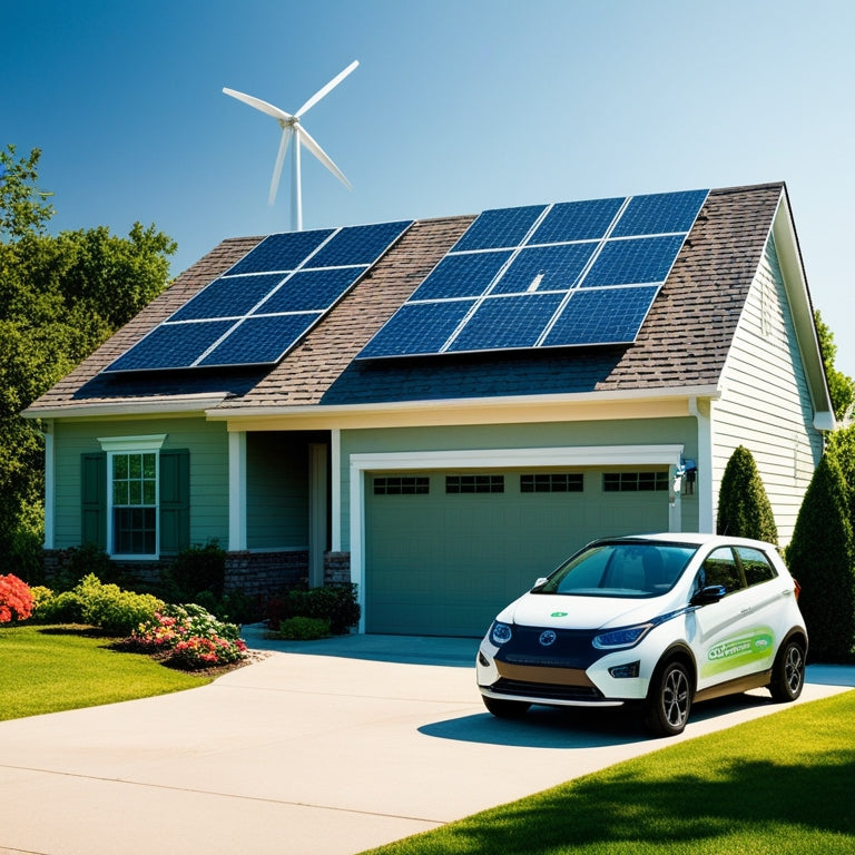 A serene suburban home with solar panels on the roof, a wind turbine in the backyard, and a compact electric vehicle parked in the driveway, surrounded by lush greenery and a clear blue sky.