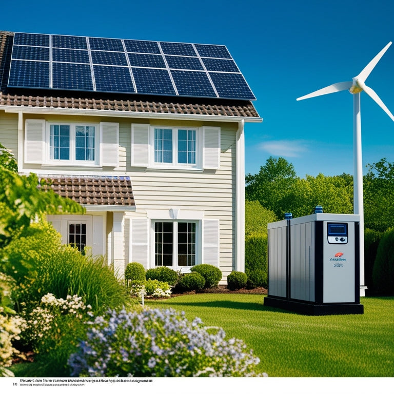 A serene suburban home with solar panels on the roof, a wind turbine in the backyard, and a battery storage system visible through a window, surrounded by lush greenery and a bright blue sky.