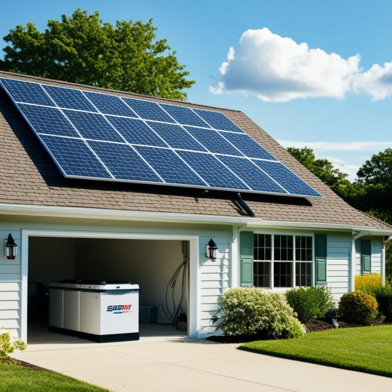 A serene suburban home with solar panels on the roof, a sleek battery backup system in the garage, and a bright sunny day with a few fluffy white clouds.