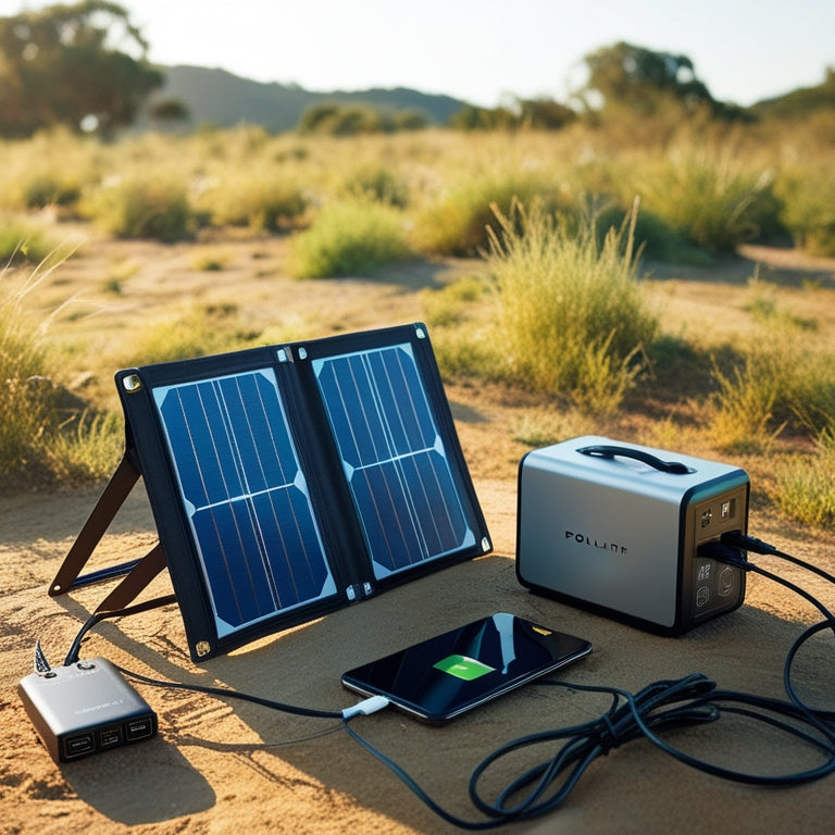 A serene, sun-drenched landscape with a compact, foldable solar panel array in the foreground, connected to a sleek, portable power station with a few gadgets charging nearby.