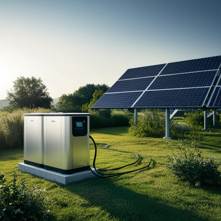 A serene, sun-kissed landscape with a modern solar panel array in the foreground, connected to a sleek, silver battery storage unit, surrounded by lush greenery and a subtle, gradient blue sky.