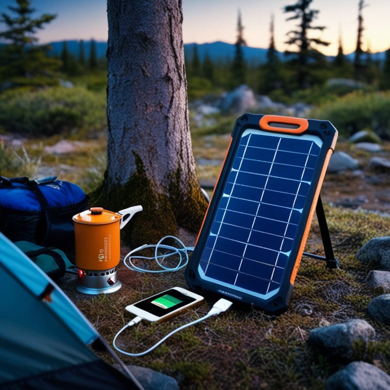 A serene wilderness campsite at dawn, with a portable solar panel propped against a tree, connected to a USB charger powering a smartphone, surrounded by hiking gear and a camping stove.