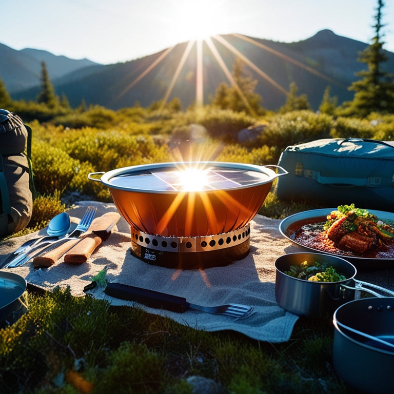 A serene wilderness landscape with a portable solar cooker centered, reflecting the sun's rays, surrounded by camping gear, utensils, and a succulent meal being cooked.