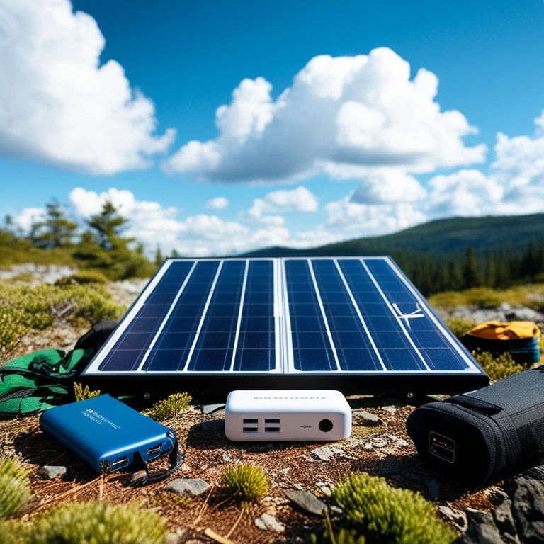 A serene wilderness landscape with a sleek, compact solar panel array in the foreground, surrounded by hiking gear and a portable power bank, set against a bright blue sky with fluffy white clouds.