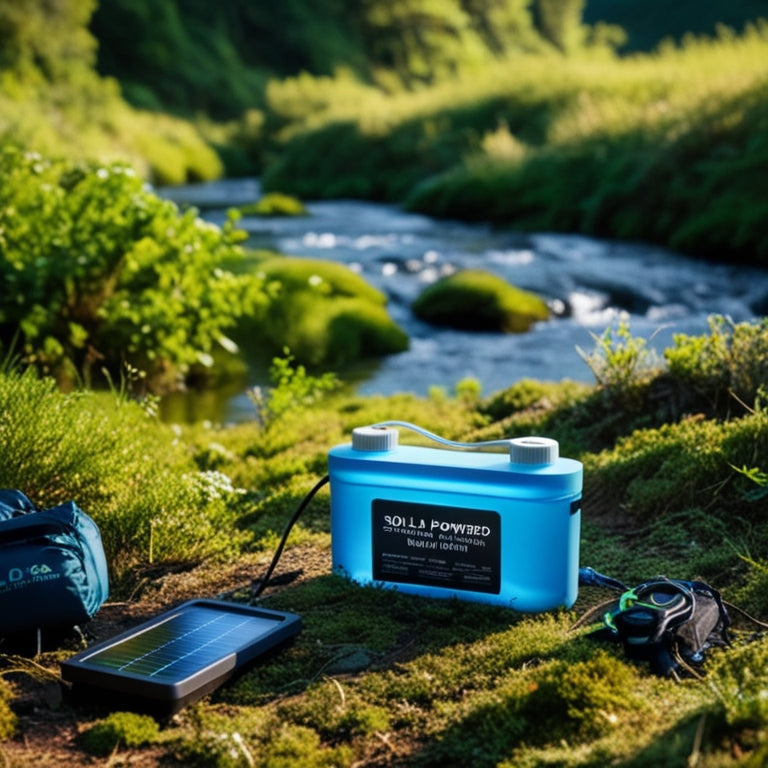 A serene wilderness landscape with a solar-powered water purifier system in the foreground, surrounded by lush greenery, a gentle stream flowing in the background, and a few hiking gears scattered around.