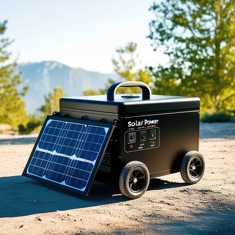 A sleek, black portable solar power generator with foldable solar panels and a compact, wheeled design, set against a serene, sunny outdoor background with trees and mountains.