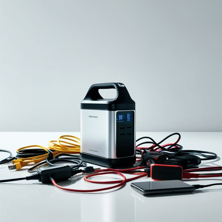 A sleek, compact portable power station with a silver and black design, surrounded by a tangled mess of colorful cords and devices, set against a clean, minimalist white background.