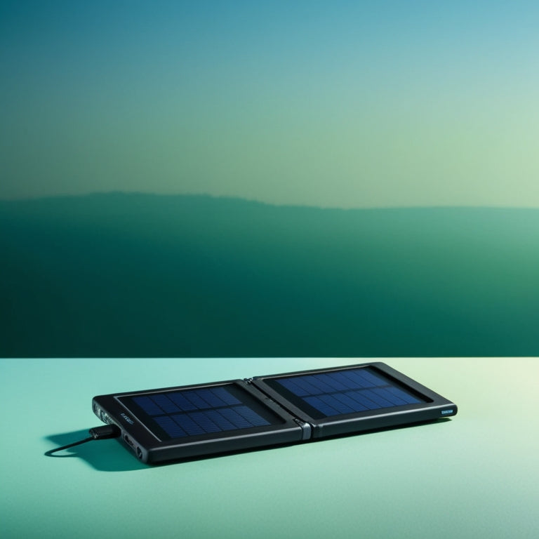 A sleek, compact portable solar battery charger with folding panels and a built-in USB port, set against a serene outdoor background with a subtle gradient of blue and green hues.