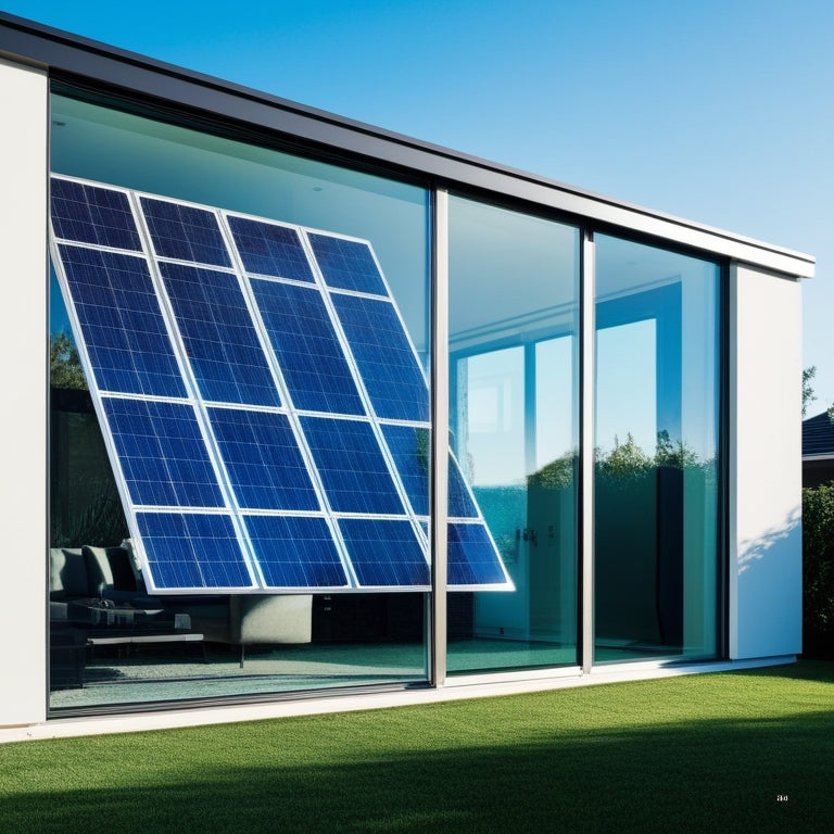 A sleek, modern home exterior with a large, south-facing window featuring a seamless integration of transparent solar panels, blending seamlessly into the glass surface.