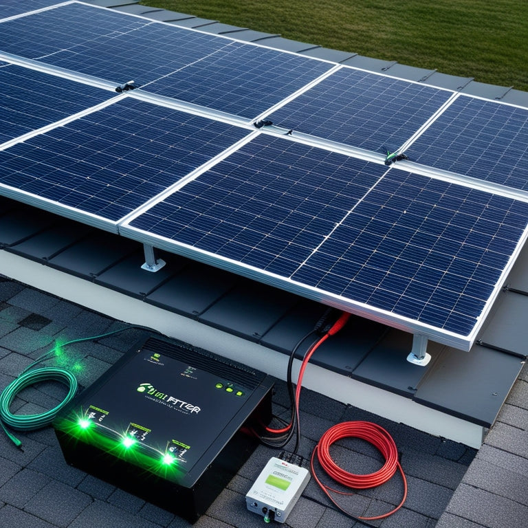 A sleek, modern home with a rooftop solar panel array, connected to a compact, black battery pack with flashing green lights, surrounded by neatly organized cables and a small, silver inverter.