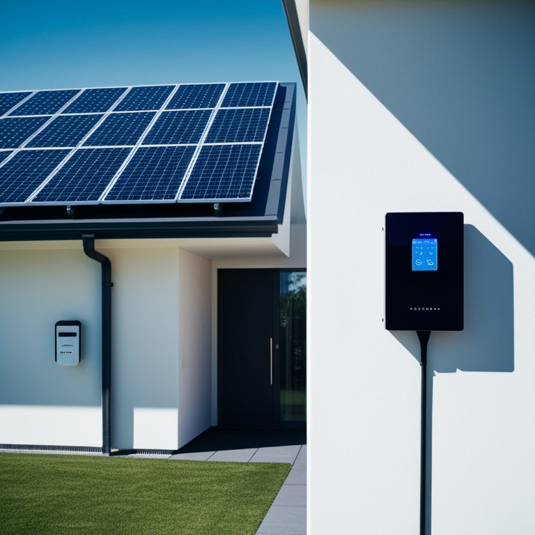 A sleek, modern home with a rooftop solar panel array, a wall-mounted battery system with a subtle LED display, and a minimalist, futuristic control panel on a nearby wall.