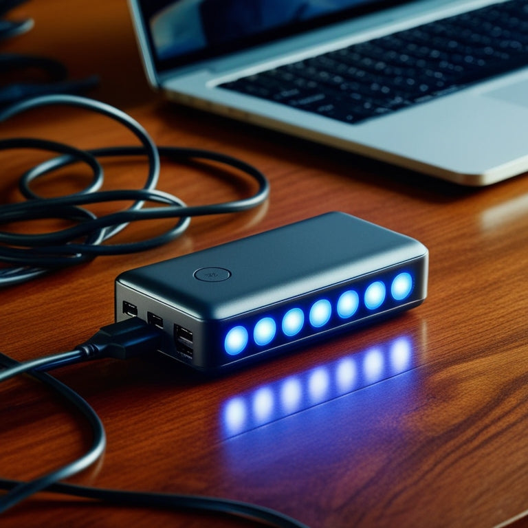 A sleek, modern power bank with a compact design, illuminated LED indicators, and multiple USB ports, placed on a wooden desk amidst tangled cords and a laptop in the background.