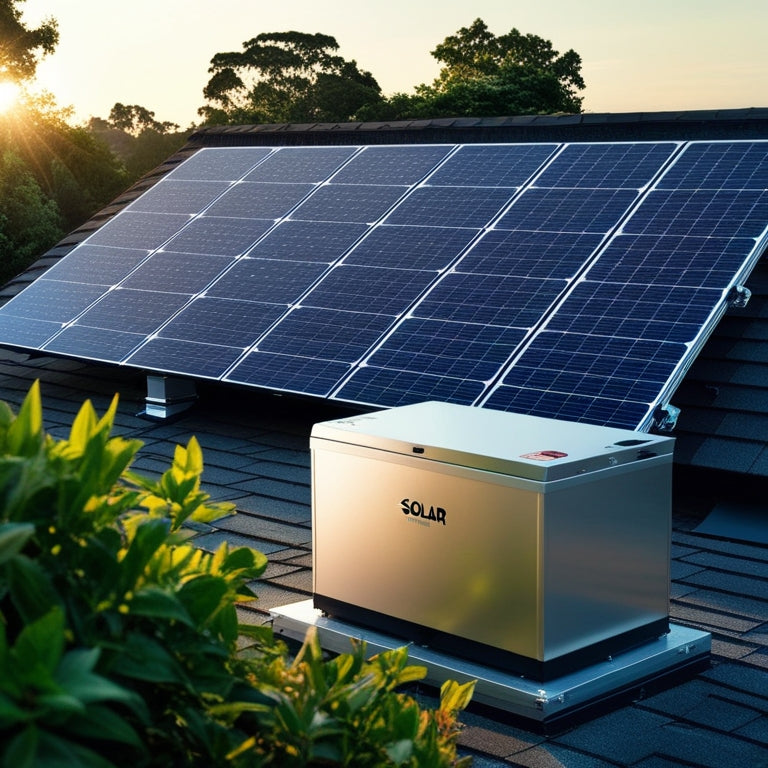 A sleek, modern solar panel array on a rooftop, with a silver battery unit in the foreground, surrounded by lush greenery and a subtle sunrise glow.