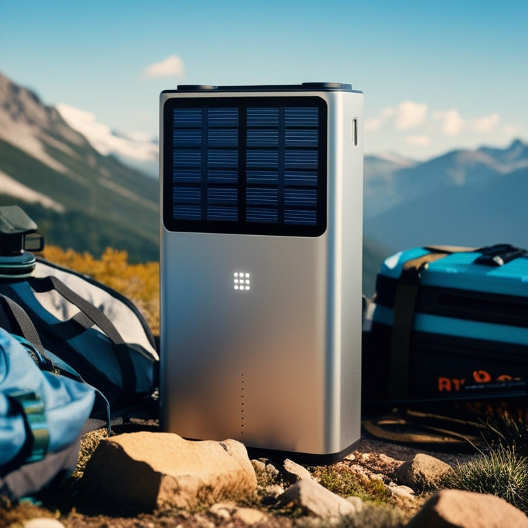 A sleek, silver battery pack with a built-in solar panel on top, surrounded by camping gear, with a subtle mountain range and sunny sky in the background.