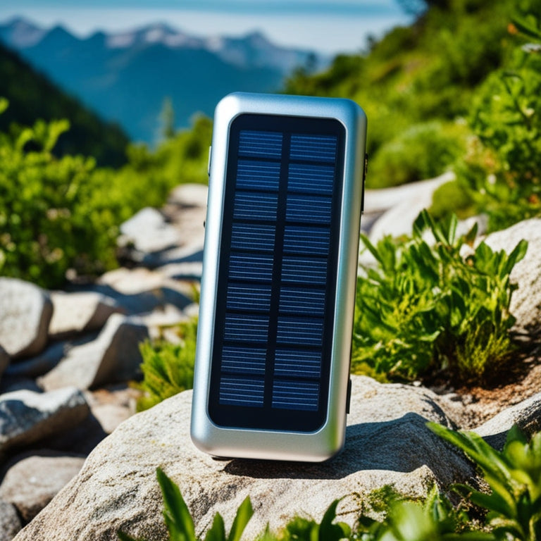 A sleek, silver portable charger with a built-in solar panel, placed on a rocky mountain trail, surrounded by lush greenery, with a faint mountain range in the background.