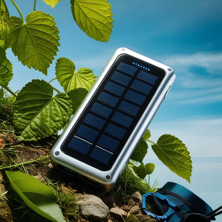 A sleek, silver power bank with a built-in solar panel, surrounded by lush green leaves and a few scattered hiking gear, set against a serene, cloudless blue sky.