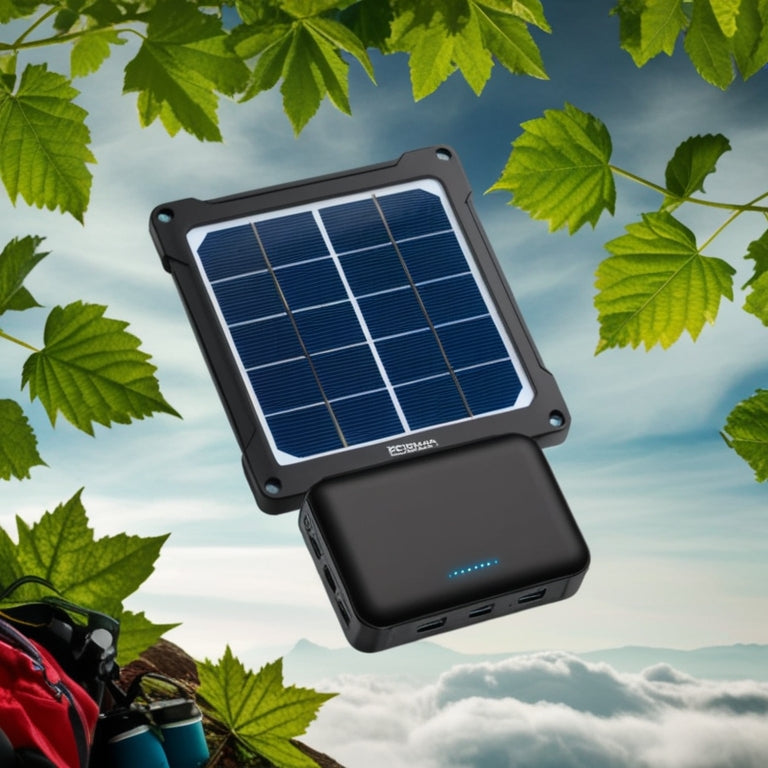 A sleek, silver solar panel unfolded from a compact, black power bank, surrounded by lush green leaves and a few scattered hiking gear, set against a serene, cloudy sky.