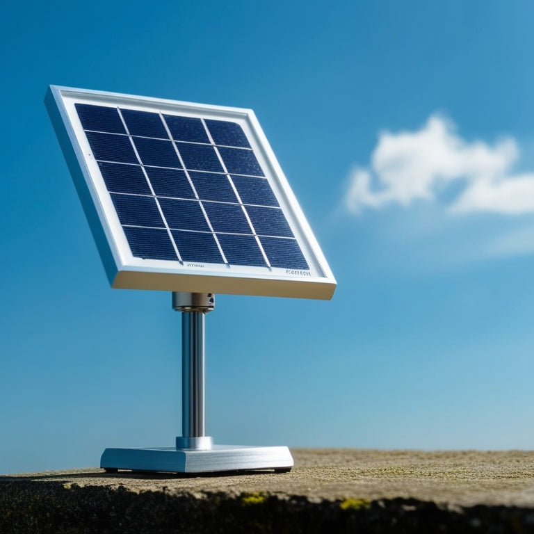 A small, sleek, silver-framed mini solar panel with 12 compact photovoltaic cells, mounted on a miniature aluminum stand, set against a bright blue sky with a few wispy white clouds.