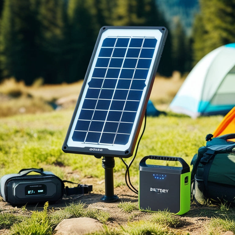 A solar panel with a sleek, modern design, angled towards the sun, connected to a portable battery pack with a built-in USB port, surrounded by camping gear and a serene outdoor landscape.