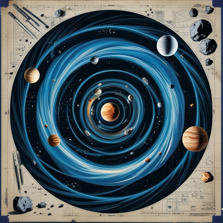 A stylized illustration of a celestial blueprint, featuring a swirling vortex of orbiting planets, moons, and asteroids in various stages of design, surrounded by drafting tools and cosmic debris.