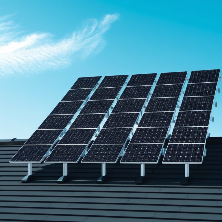 A stylized illustration of a modern rooftop with sleek, black photovoltaic panels arranged in a staggered pattern, set against a bright blue sky with a few wispy clouds.
