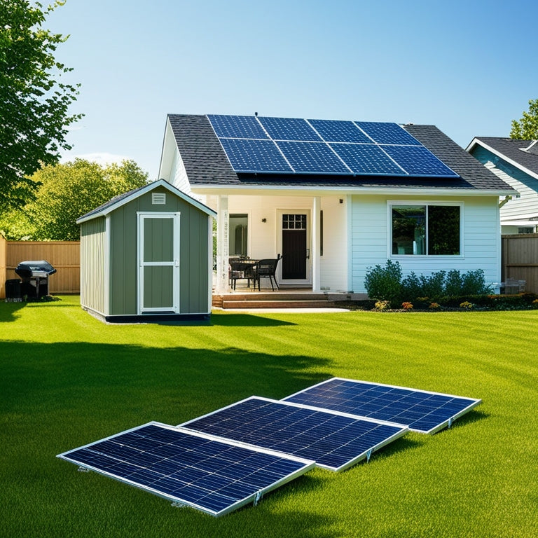 A sunny backyard with a modern suburban house, a small shed, and a lush green lawn, featuring a DIY solar panel kit installed on the roof and a few panels laid out on the grass.