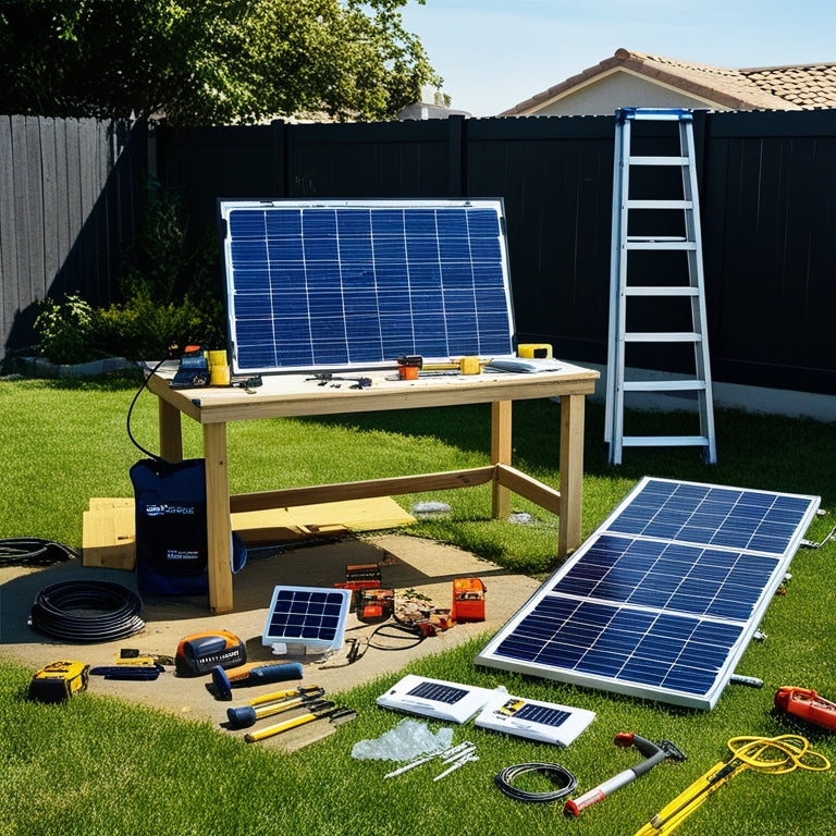 A sunny backyard with a partially assembled DIY solar kit on a workbench, surrounded by scattered tools and solar panels, with a ladder leaning against a nearby fence.