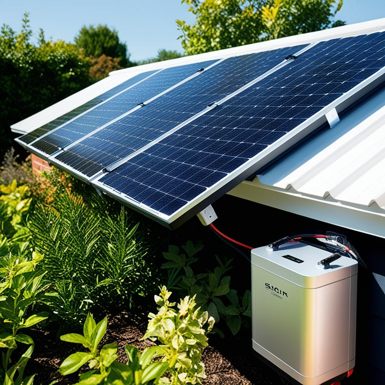 A sunny backyard with a sleek, black solar panel array mounted on a white roof, connected to a compact, silver battery pack with a subtle LED glow, amidst lush greenery.