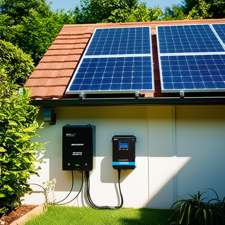 A sunny backyard with a solar panel array on a roof, connected to a sleek black battery unit and a compact inverter on a nearby wall, surrounded by lush greenery.