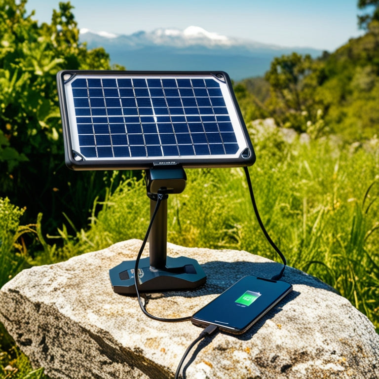 A sunny outdoor scene with a portable solar panel propped on a rocky outcropping, connected to a sleek charger powering a smartphone, surrounded by lush greenery and a distant mountain range.