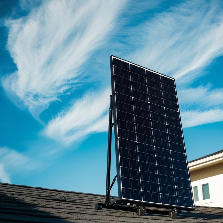 A sunny rooftop with a sleek, black solar panel array, angled at 30 degrees, surrounded by sparkling blue sky and wispy white clouds, with a subtle shadow of a modern house in the background.