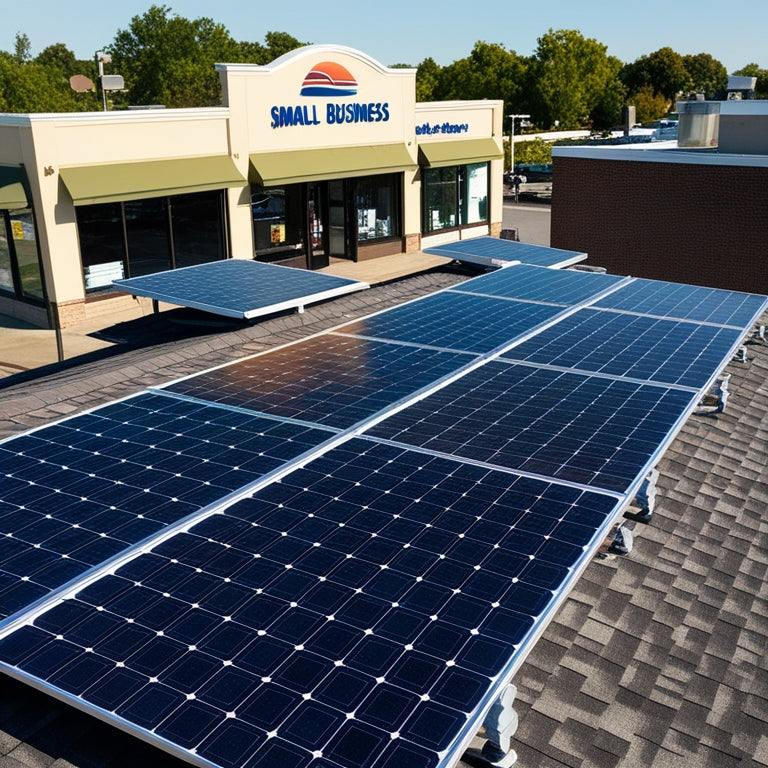 A sunny rooftop with a small business storefront in the background, featuring a mix of flush-mounted and tilt-mounted solar panels, with a few panels slightly angled to match the roof's slope.