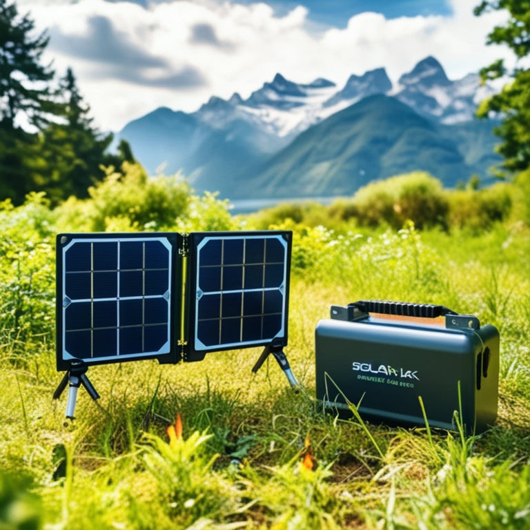 A tranquil outdoor scene featuring a compact, folding solar panel kit with adjustable legs and a sleek, waterproof battery pack, set amidst lush greenery and majestic mountains in the background.