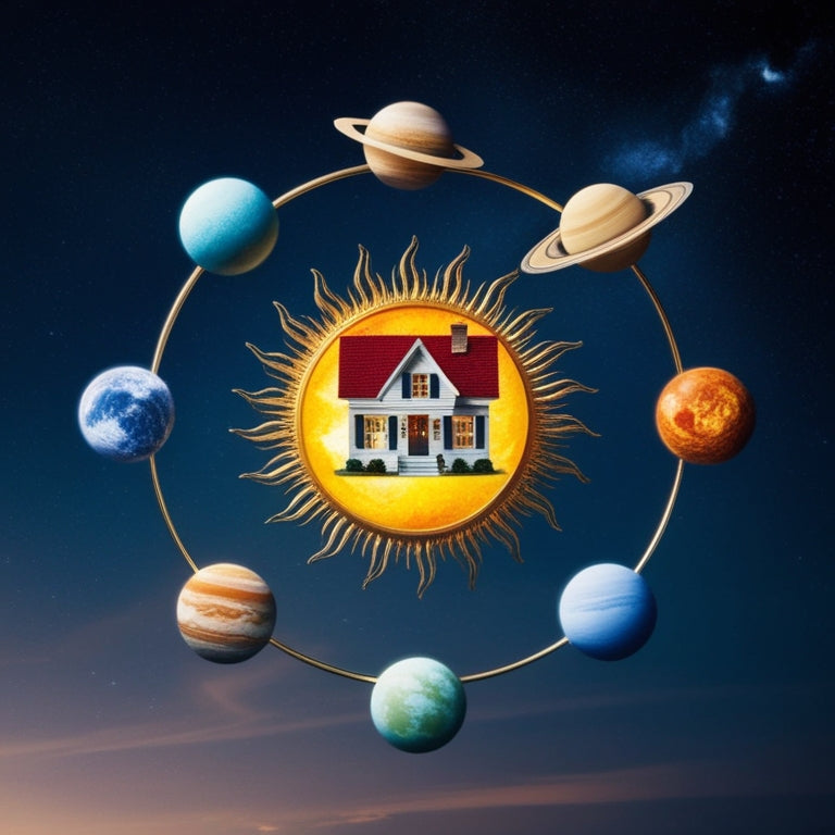A whimsical illustration of a miniature house orbiting the sun, surrounded by seven tiny planets, each with unique features, amidst a starry night sky with subtle nebulae and a crescent moon.