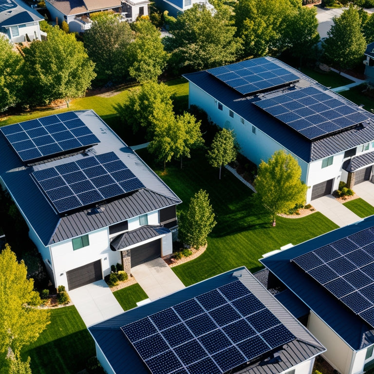 Aerial view of a modern residential neighborhood with multiple homes featuring sleek, black roof solar panels at varying angles, surrounded by lush green trees and blue skies.