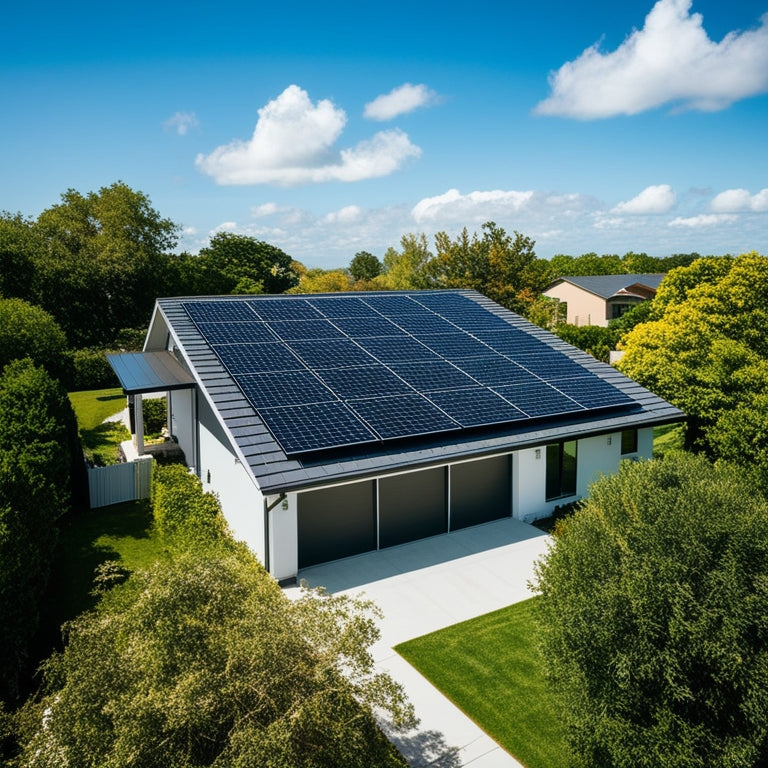 An aerial view of a modern suburban house with sleek, black solar panels installed on the roof, surrounded by lush greenery and a clear blue sky with a few fluffy white clouds.