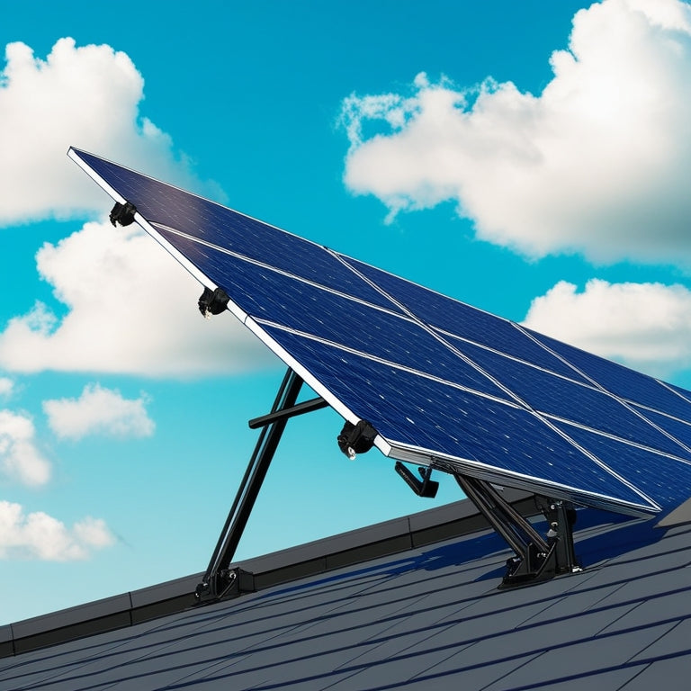 An illustration of a rooftop with a sleek, silver solar panel array mounted at a 30-degree angle, secured by sturdy black clamps and rails, against a bright blue sky with fluffy white clouds.