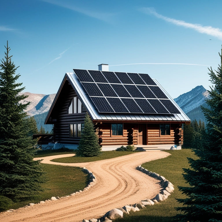 An illustration of a secluded mountain cabin with a rooftop array of sleek, black solar panels, surrounded by evergreen trees and a winding dirt path, under a clear blue sky with a few wispy clouds.