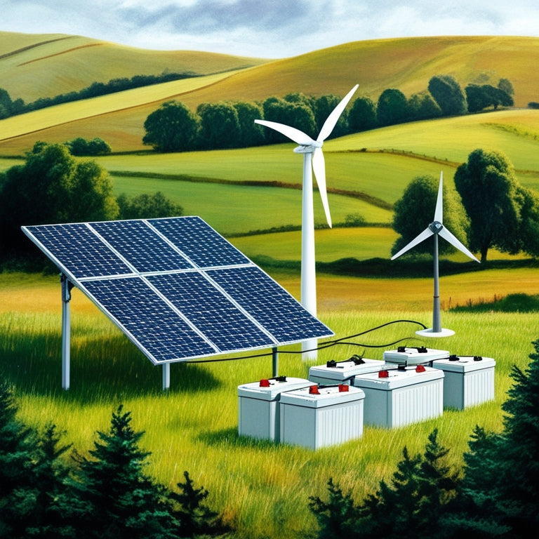 An illustration of a self-sustaining off-grid electrical system, featuring a solar panel array, wind turbine, and battery bank, set amidst a serene rural landscape with rolling hills and trees.