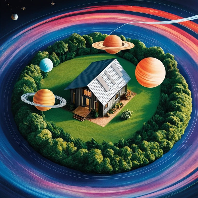 An illustration of a self-sustaining off-grid homestead set amidst a stylized, vibrant, and swirling depiction of the Solar System, with planets and stars orbiting around a central, serene, and lush green landscape.