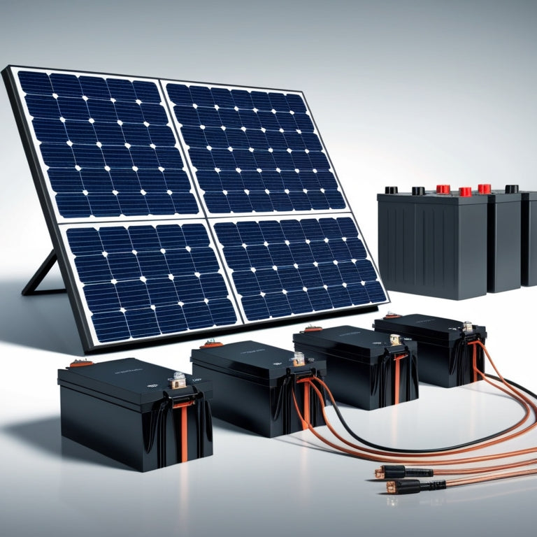 An illustration of a sleek, modern solar panel array with a battery bank in the background, featuring six 300-watt panels and four deep-cycle batteries with copper wiring and connectors.
