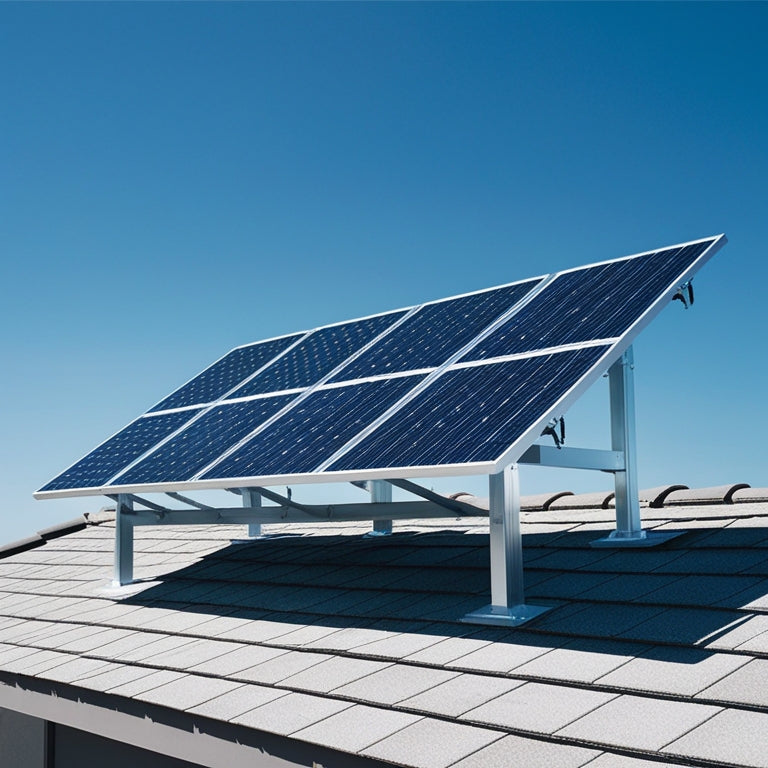 An illustration of a sleek, silver solar panel rack mounted on a modern rooftop, with three rows of rectangular panels angled towards the sun, surrounded by minimalistic roof tiles and a clear blue sky.