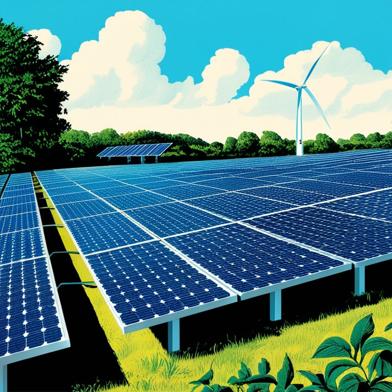 An illustration of a sunlit landscape with rows of sleek, silver solar panels and a wind turbine in the distance, surrounded by lush greenery and a bright blue sky.