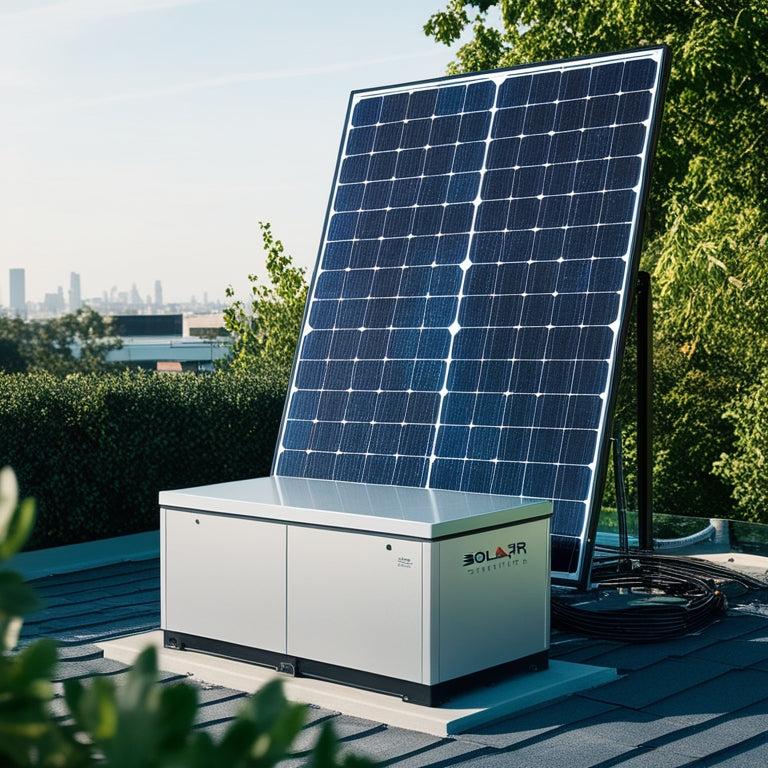 An image of a modern, sleek solar panel array on a rooftop, with a compact, silver solar battery unit installed nearby, surrounded by lush greenery and a subtle cityscape in the background.