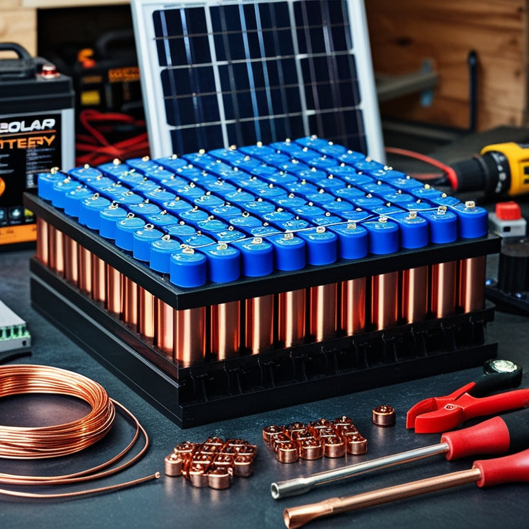 An image of a partially built DIY solar battery bank with rows of rechargeable batteries, copper wires, and a solar panel in the background, surrounded by tools and components.