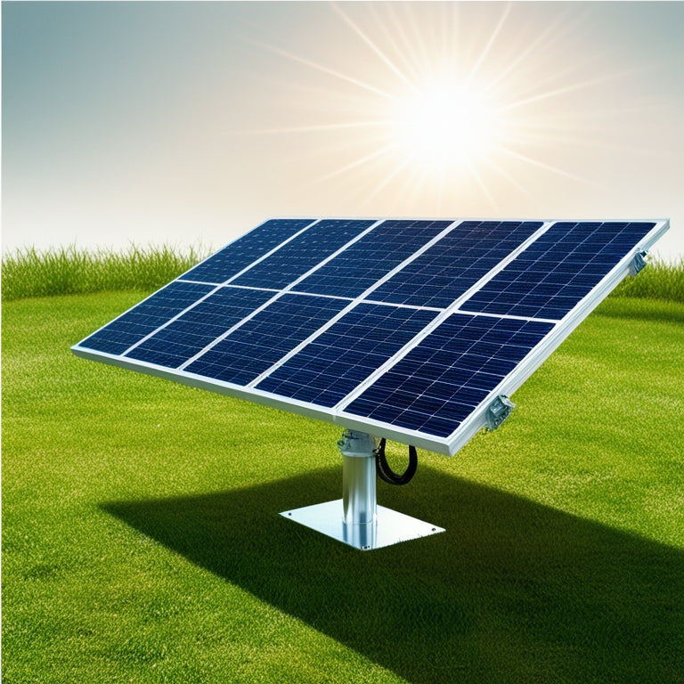 Generate an image of a sleek, modern solar panel array situated on a green grassy lawn, with a sleek, silver mounting system and a subtle, sunny background.