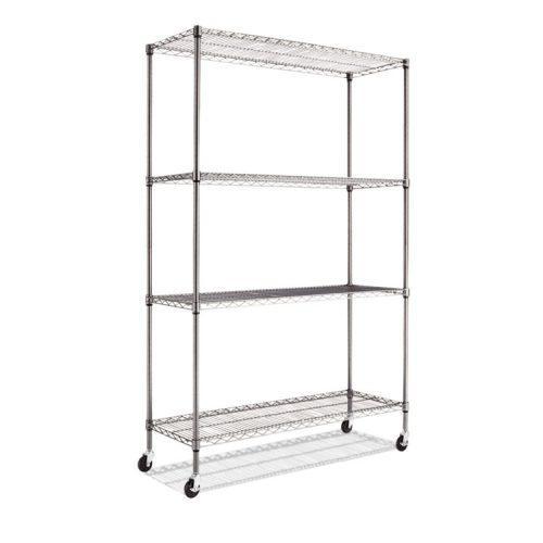 Alera® Complete Wire Shelving Unit w/Caster, Four-Shelf, 48 x 18 x 72, Black Anthracite