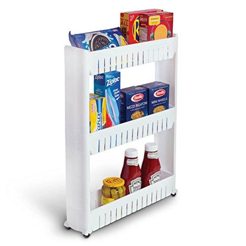 Bathroom and Kitchen Slim Storage Organizer - Slide Out Shelf Storage Tower as a Plastic Small Mobile Shelving with 3 Shelves for Narrow Space Organization in Laundry Room Closet Office