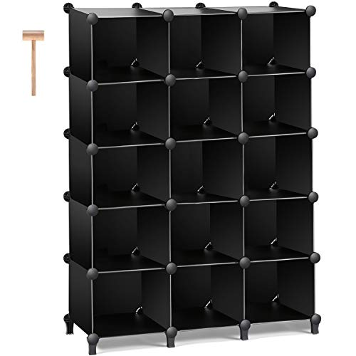 TomCare Shoe Rack 15-Cube Plastic Cube Storage Shelves Shoe Organizer Shoe Storage Shelves DIY Modular Shoe Closet Cabinet Organizer Units for Doorway Entryway Bedroom Living Room Office Black