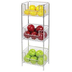 Mdesign 3 Tier Vertical Standing Kitchen Pantry Food Shelving Unit - Decorative Metal Storage Organizer Tower Rack With 3 Basket Bins To Hold And Organize Fruit, Potatoes, Snacks - Chrome